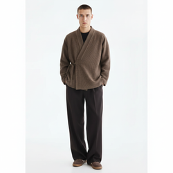 Side-Tie Wrap Cardigan on model in brown, front view
