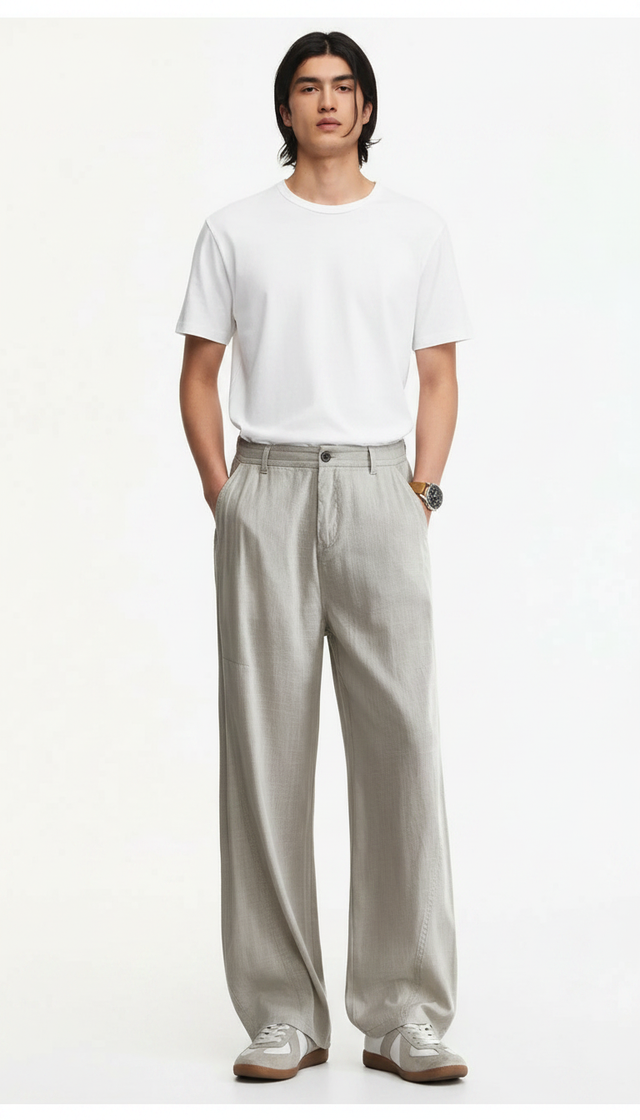 Moxi Apparel Summer Lightweight Linen-Style Loose Straight Leg Draped Wide Leg Curved Cropped Casual Pants on model - Gray - front