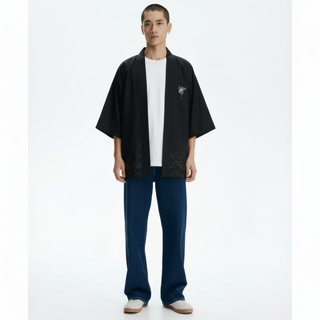 Men's Black Kimono Jacket, Crane and Moon Print, on model