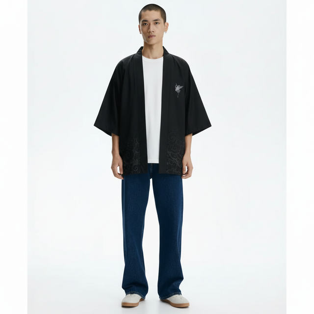Men's Black Kimono Jacket, Crane and Moon Print, on model