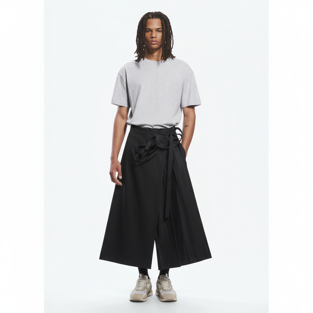 Pleated samurai hakama on model in black, front view
