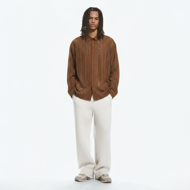 Japanese Vintage Openwork Long-Sleeve Shirt on model - Brown - front