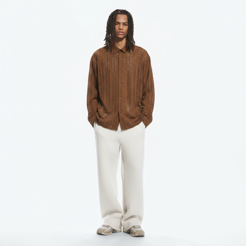 Japanese Vintage Openwork Long-Sleeve Shirt on model - Brown - front