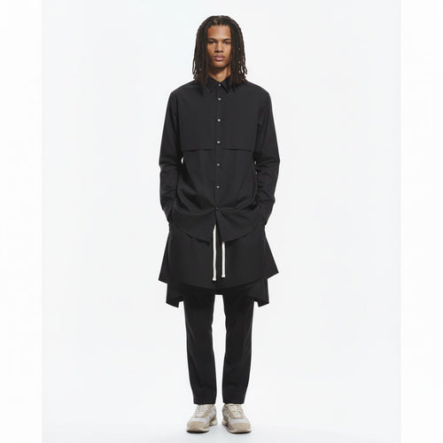 Layered longline shirt on model in black, front view