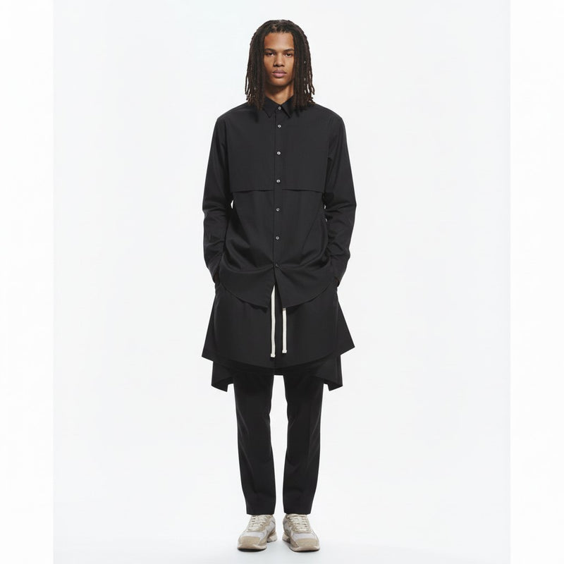 Layered longline shirt on model in black, front view