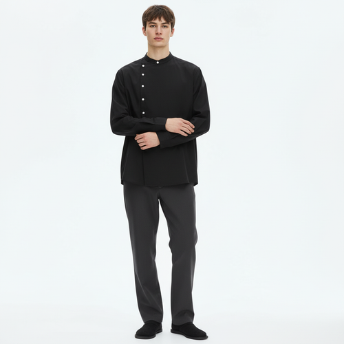 Asymmetrical stand collar shirt on model in black, front view