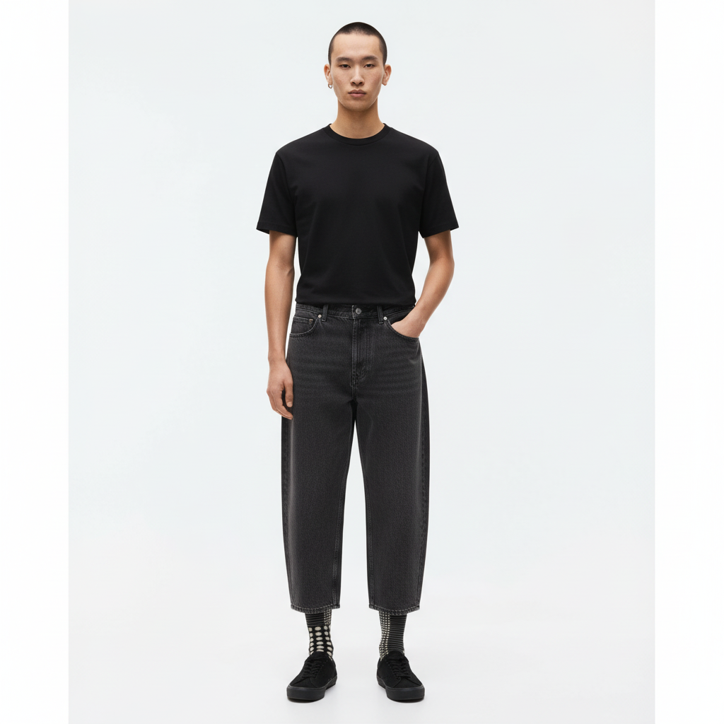 Japanese pattern tabi socks worn at the ankle under cropped trousers, full outfit