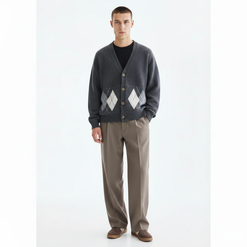 Argyle V-neck cardigan in gray on model, front view