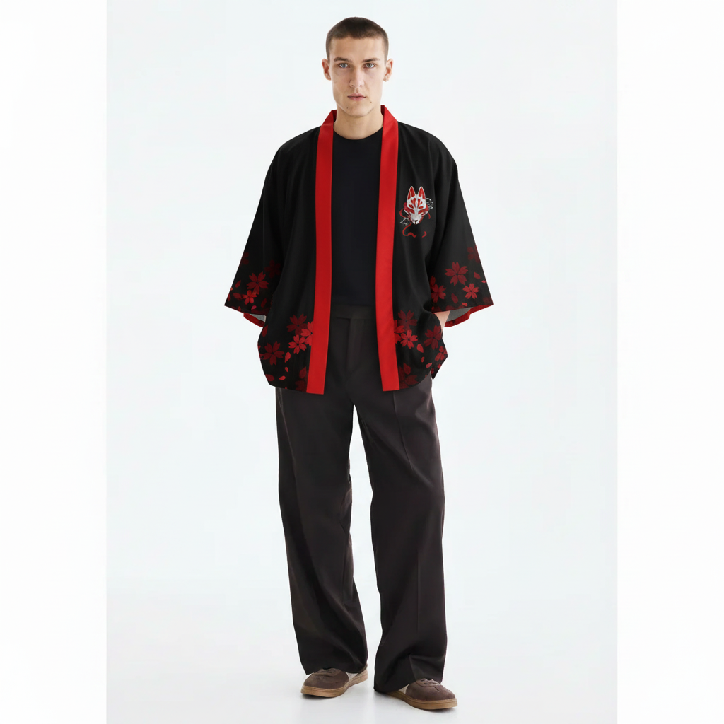 Men's Kitsune Kimono, Fox Mask and Sakura Print, on model