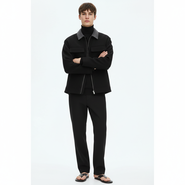 Wool Zip Jacket on model in black, front view