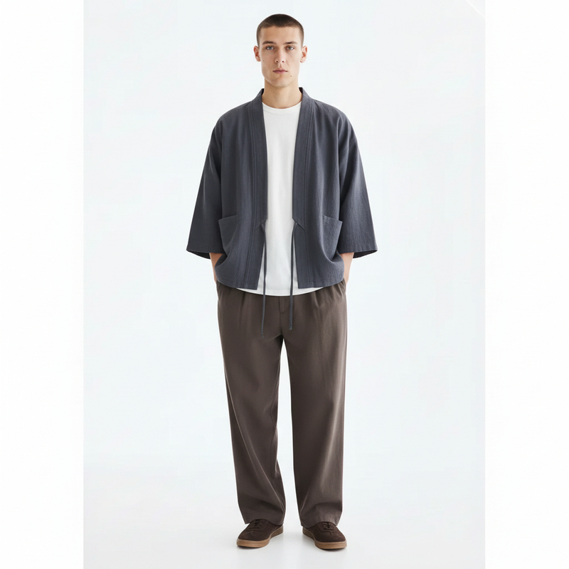 Cotton Linen Noragi Jacket on model, grey, front view