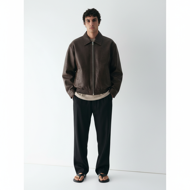 Vegan Leather Zip Jacket on model in washed brown, front view