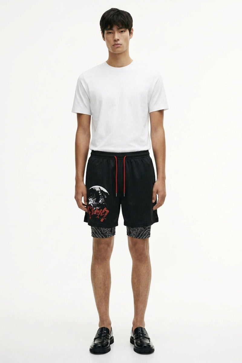 Devilman Horror Collage Gym Shorts on model - Sk 041 - front