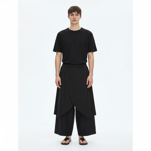 Men's Layered Wrap Skirt Pants on model in black, front view
