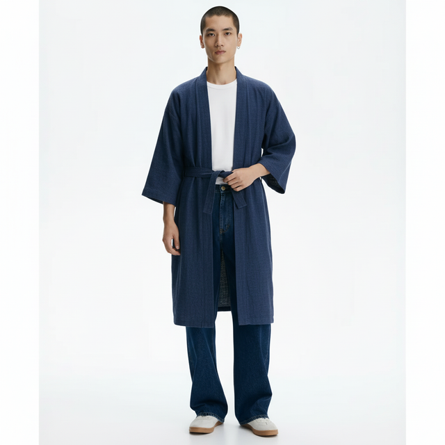 Men's blue kimono robe, navy, front view