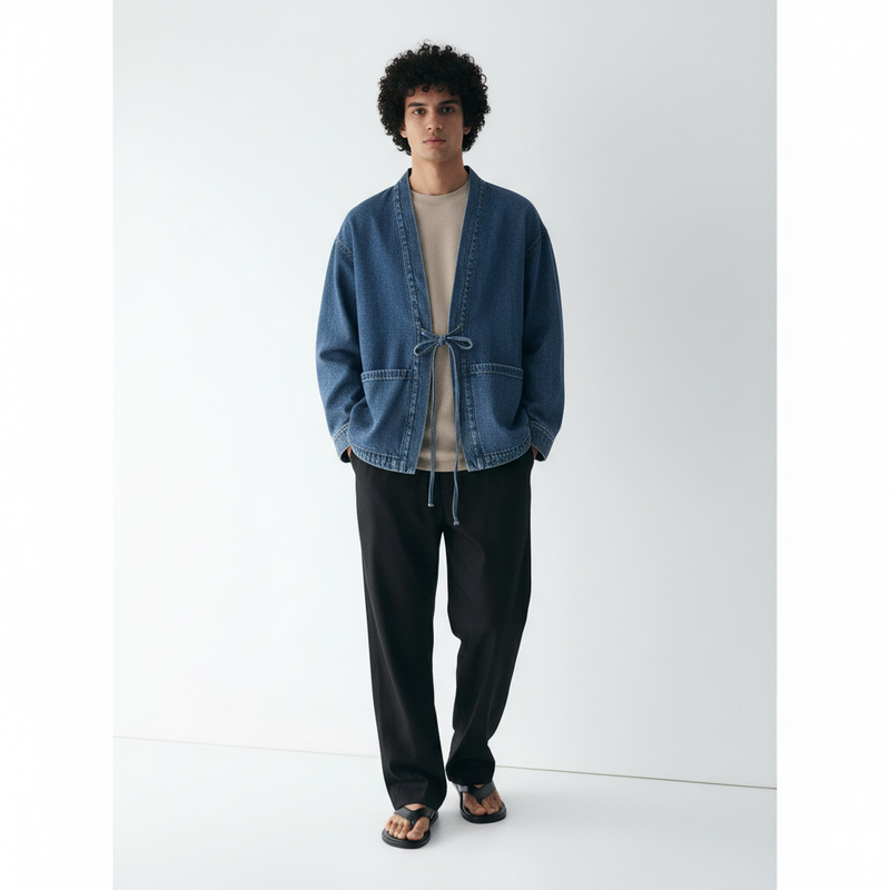 Washed denim kimono jacket in blue, front view on model