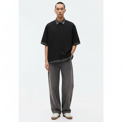 Summer Old Money Style Plaid Patchwork Faux Two-Piece Short Sleeve Shirt on model - Black - front