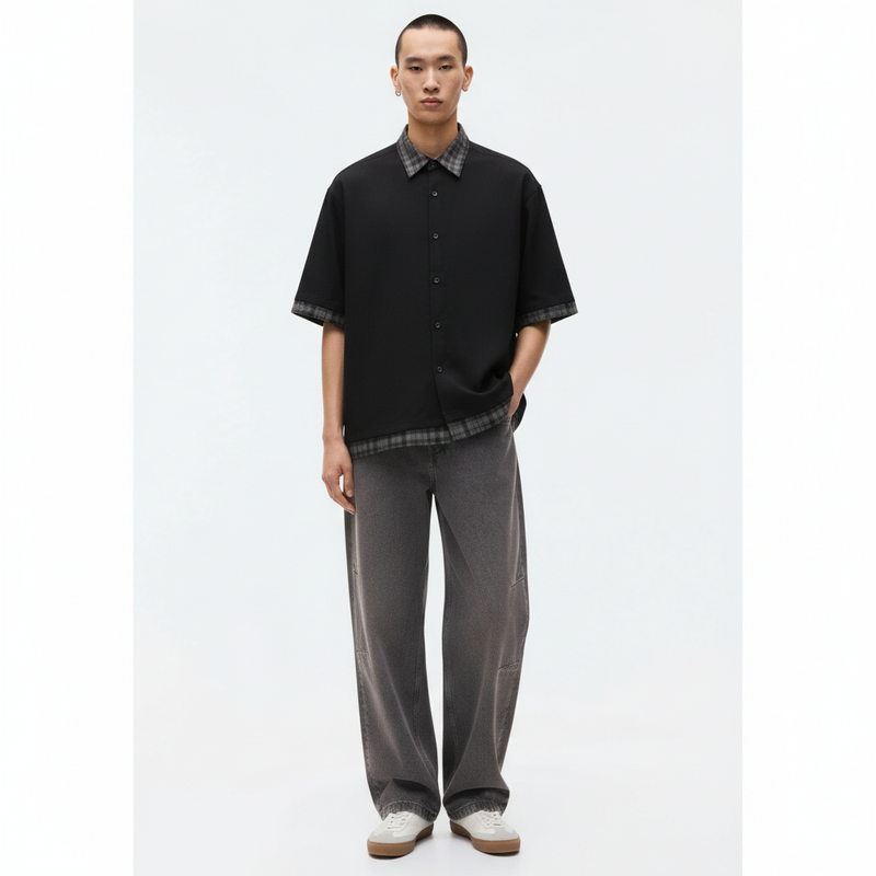 Summer Old Money Style Plaid Patchwork Faux Two-Piece Short Sleeve Shirt on model - Black - front