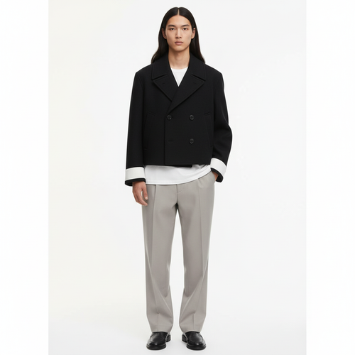 Cropped double breasted peacoat on model in black, front view