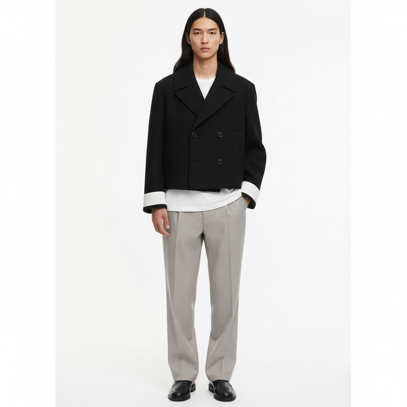 Cropped double breasted peacoat on model in black, front view