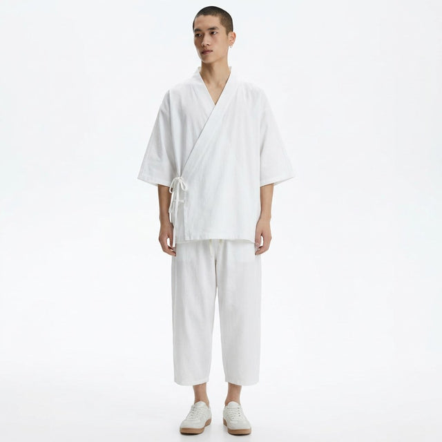 Cross-tie samue set in white, front view on model