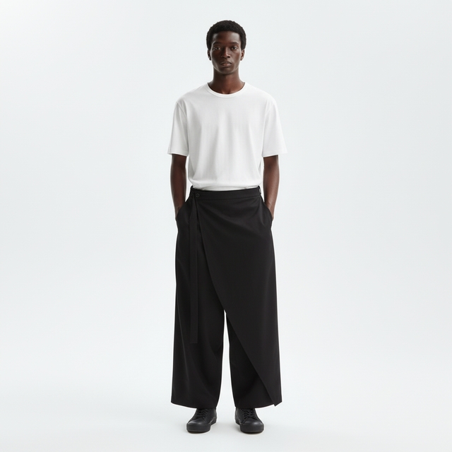 One leg skirt wrap pants on model in black, front view