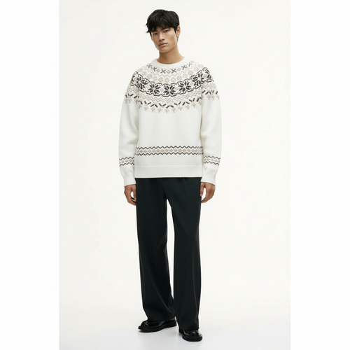 Fair Isle Crew Sweater on model in cloud white, front view