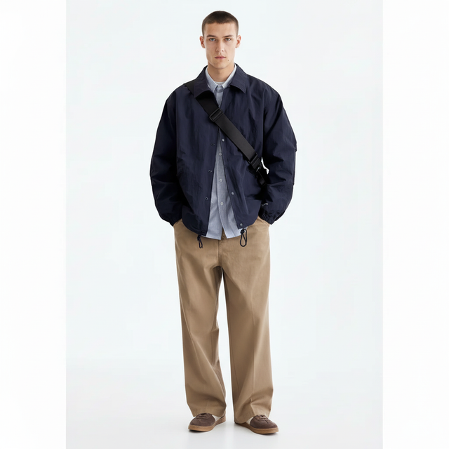 Navy Coaches Jacket on model, front view