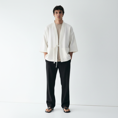Herringbone Noragi Jacket on model, white, front view