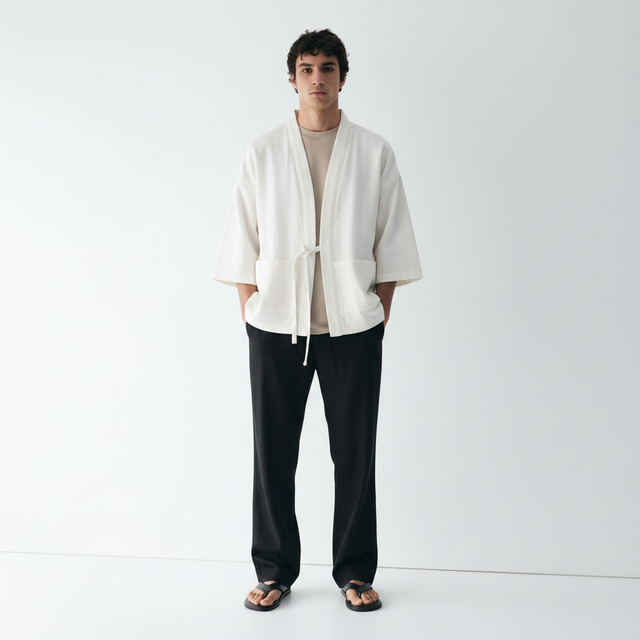 Herringbone Cotton Jacket on model - White - front
