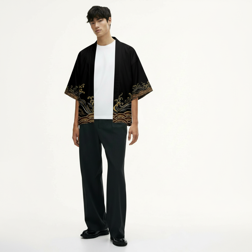 Men's Black Haori, Wave Print Hem and Sleeves, on model