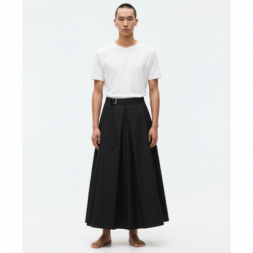 Belted A-line hakama on model in black, front view