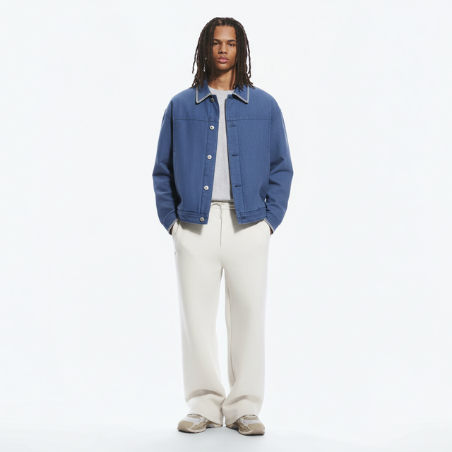 Trendy Winter Japanese Retro Washed Canvas Workwear Cotton Padded on model - Blue - front