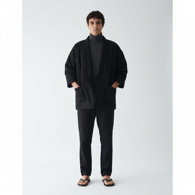 Men's koi hanten jacket in black, front, tied at the chest