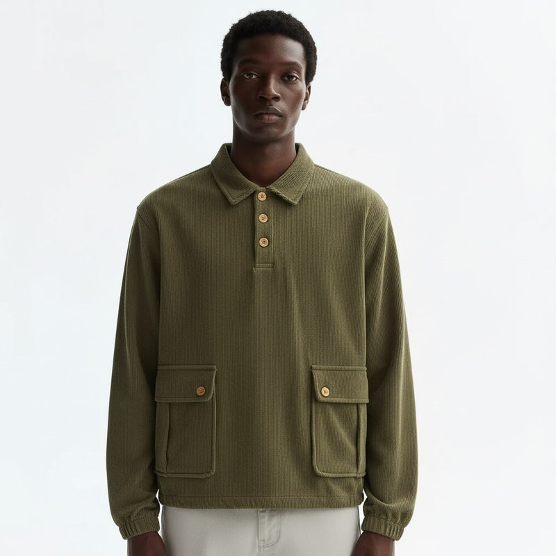 Ribbed collared sweatshirt in khaki, front view on model