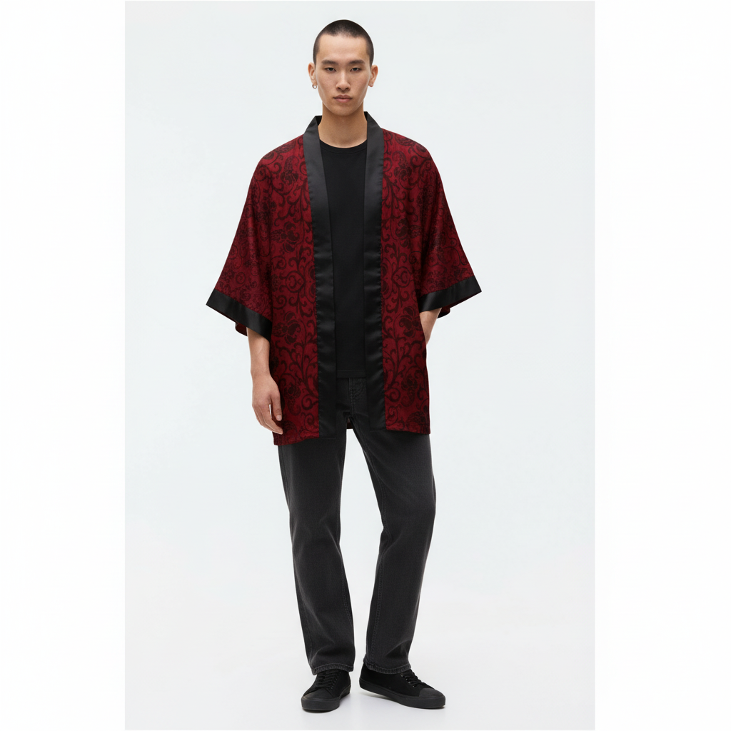 Men's Red Kimono, Samurai Helmet Damask Print, on model