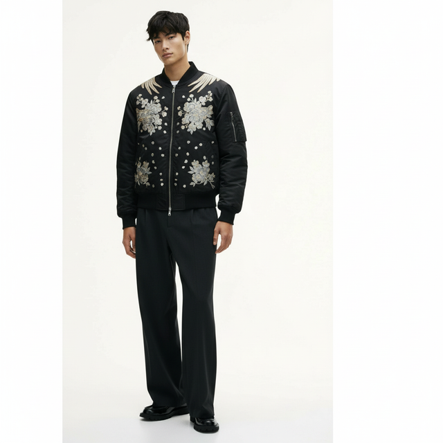 Men's phoenix sukajan bomber jacket in black, floral front, on model