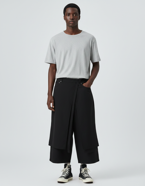 Men's Japanese Wrap Trousers on model - Black - front