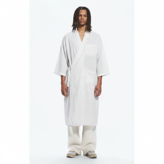 Men's white kimono robe, white stripe, front view