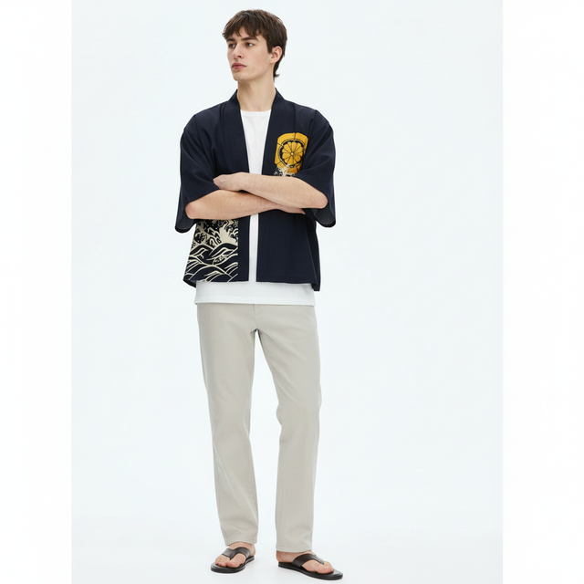 Men's Koi Kimono Jacket, Koi and Wave Print, on model