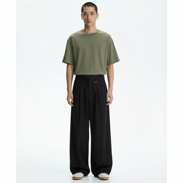 Double Pleated Men's Trousers on model, front view