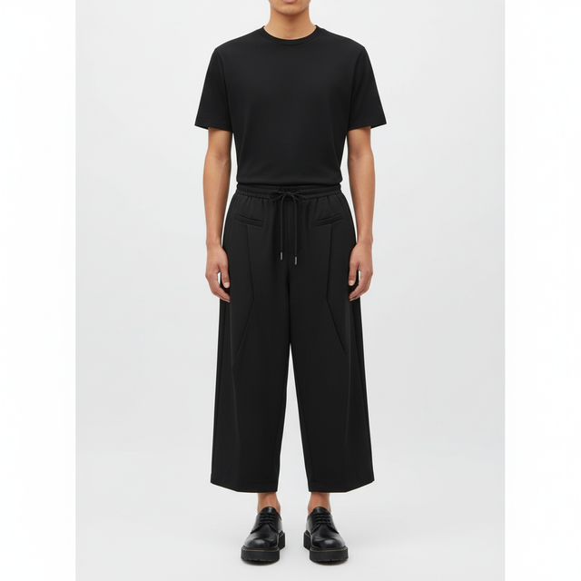 Japanese style drawstring pants on model in black, front view