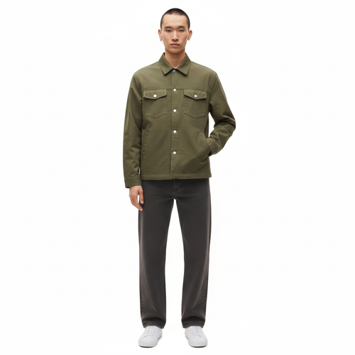 Snap Front Shirt Jacket on model in army green, front view