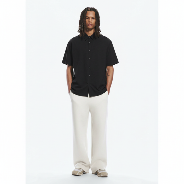 Japanese button up shirt on model in black, front view