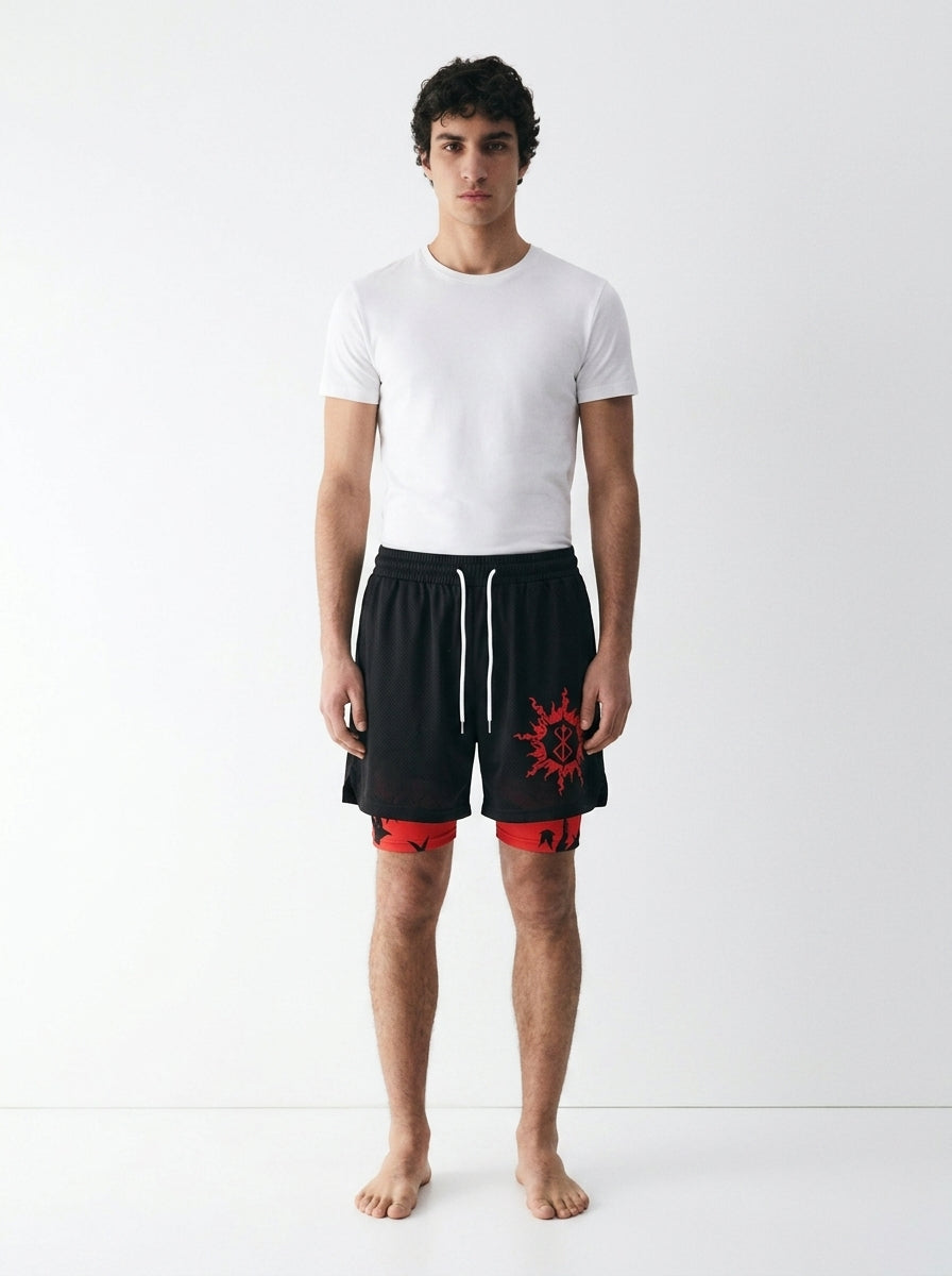 Berserk Brand and Hawks Gym Shorts on model - Sk 012 - front