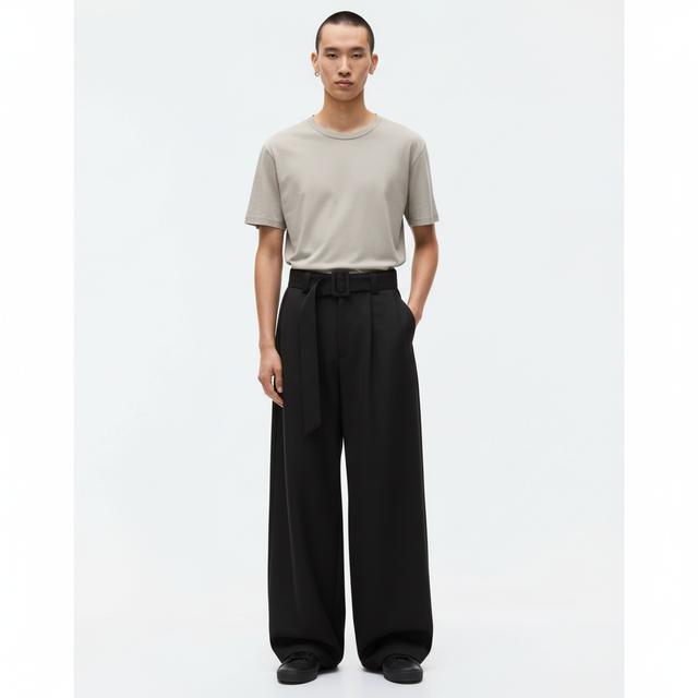 Belted Drape Trousers on model in black, front view