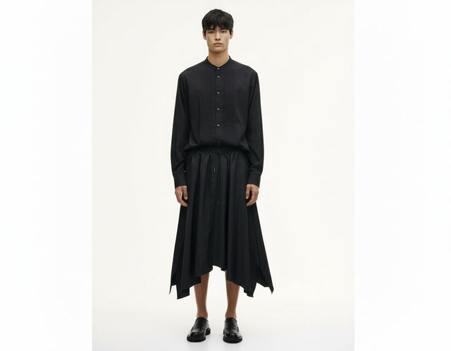 Pleated band collar shirt in black, front view on model