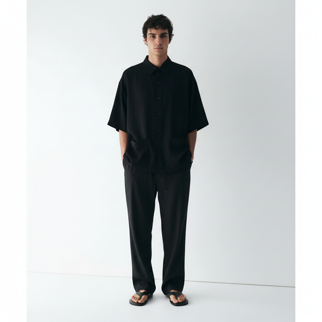 Boxy lyocell shirt on model in black, front view
