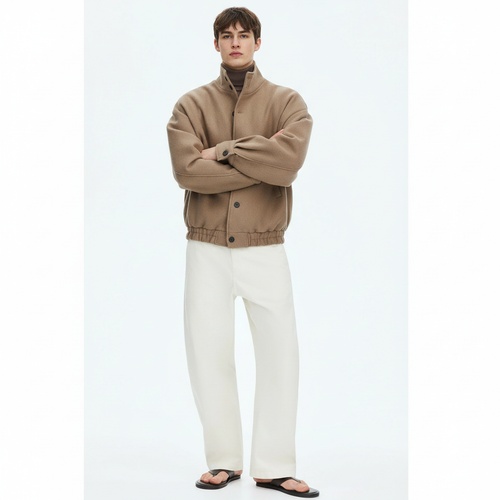 Stand Collar Blouson Jacket on model in khaki, front view