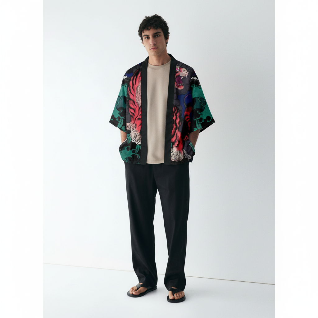 Men's Tiger Kimono, Open Front Haori, on model